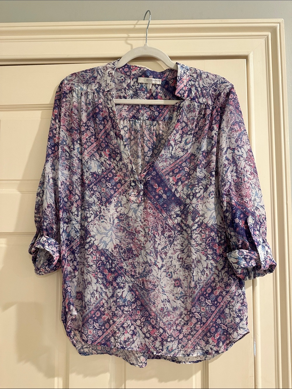 Lavender Brown Purple Floral Patchwork V-Neck Blouse